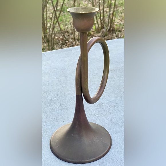 Vintage Mid Century Antique Solid Brass Bronze Figural Bugle Horn Candlestick - Picture 16 of 16